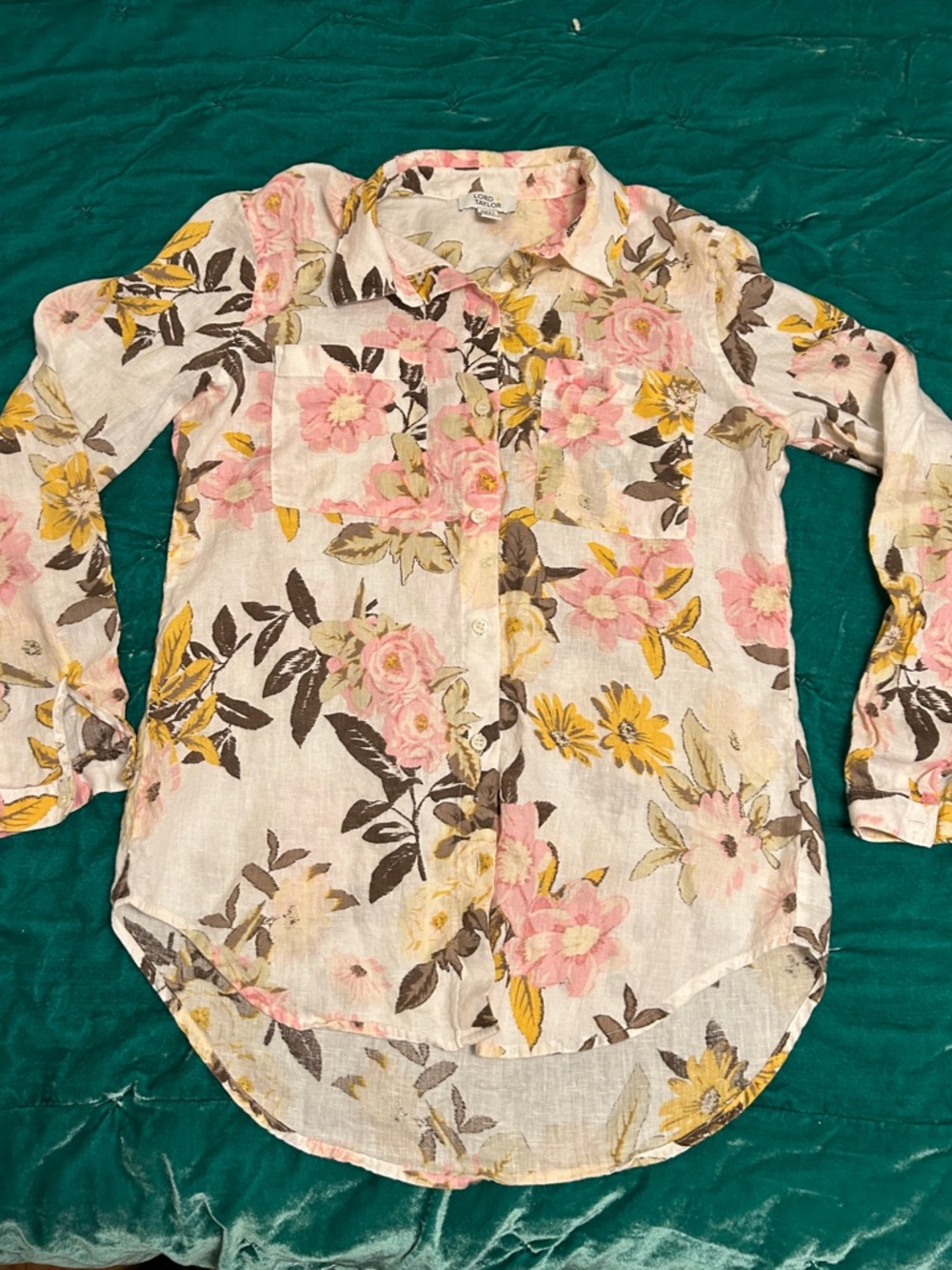 Lord & Taylor Linen Cream Floral Button-Up Blouse with Pink & Yellow Blooms